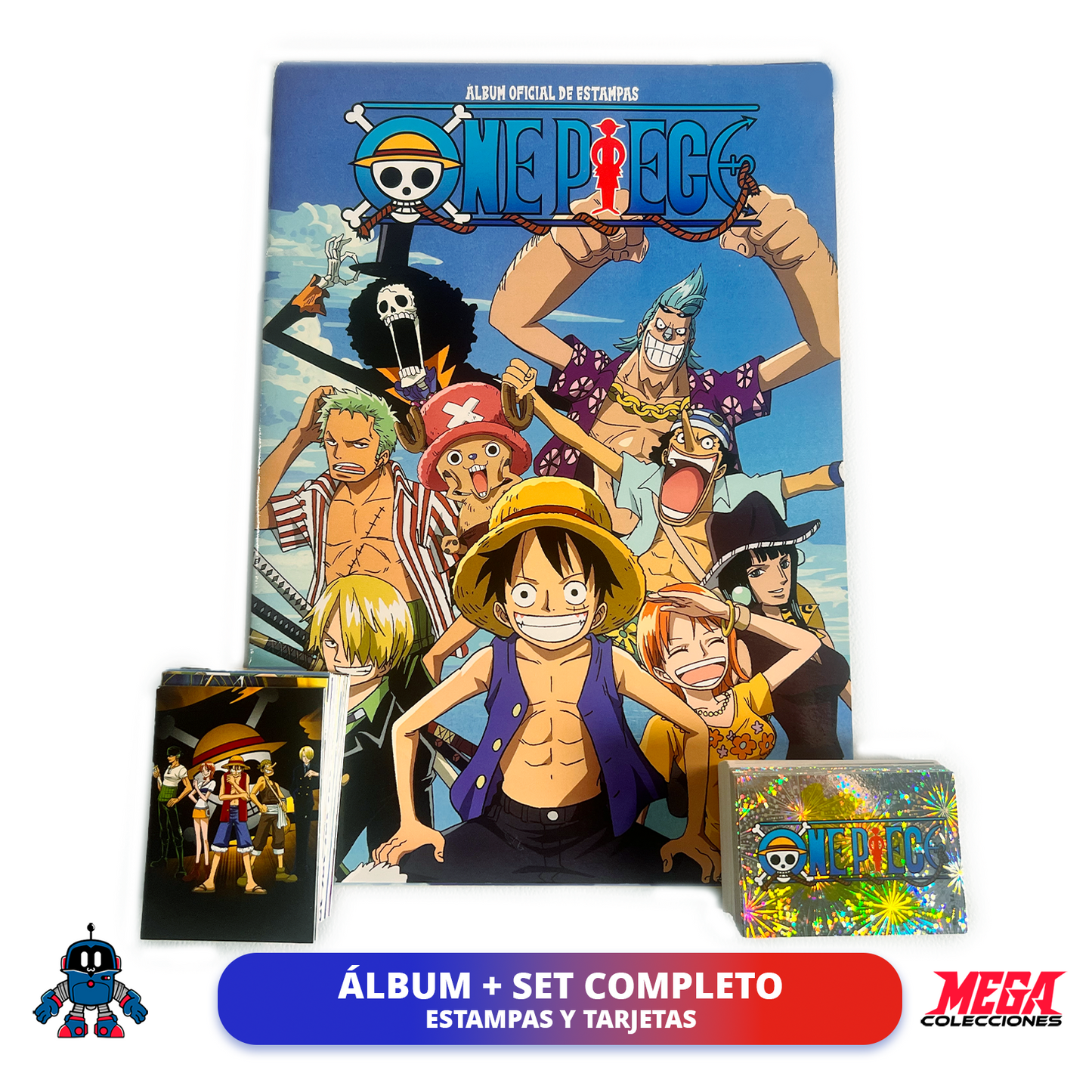 Álbum One Piece (Panini) + Set completo de tarjetas y estampas a pegar