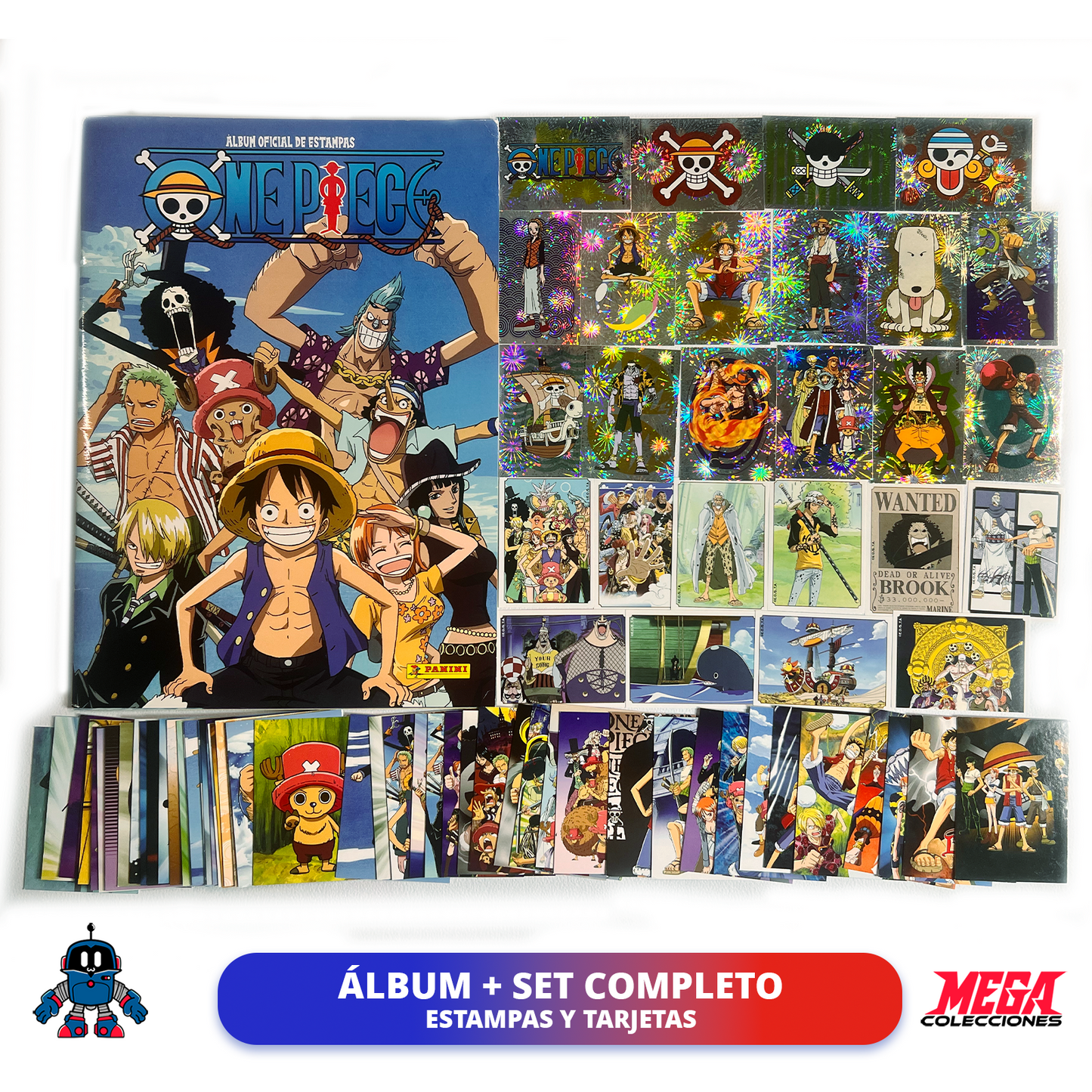 Álbum One Piece (Panini) + Set completo de tarjetas y estampas a pegar